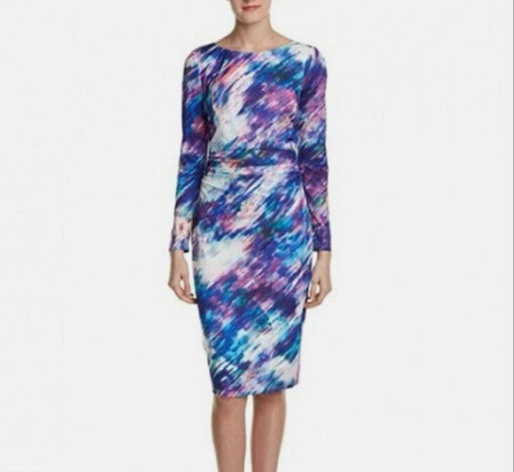 David Meister Womens Sz 2 Art Watercolor Ruched Zip Jersey Dress Lined
